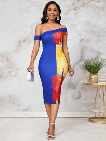 Women's Fashionable Elegant Off-Shoulder Blue Paisley Printed Dress