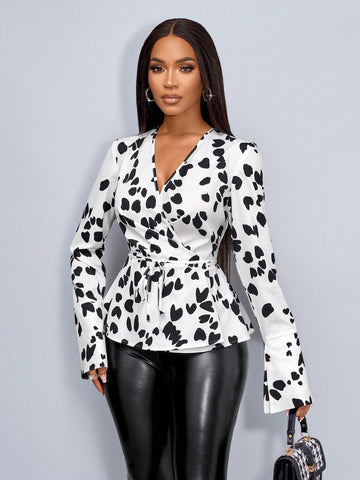 Lady Women's Fashionable Elegant V-Neck Graphic Print Crossed Waist Long Sleeve Blouse