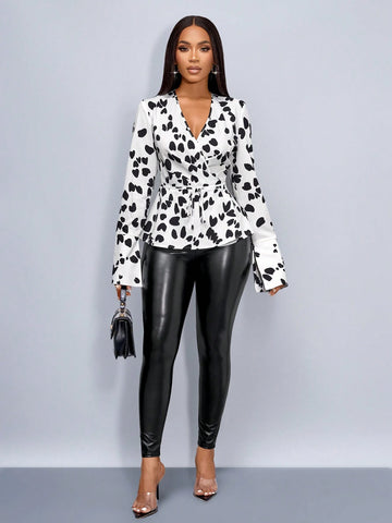 Lady Women's Fashionable Elegant V-Neck Graphic Print Crossed Waist Long Sleeve Blouse