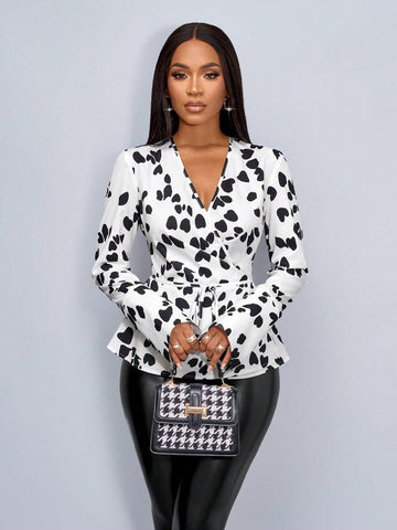 Lady Women's Fashionable Elegant V-Neck Graphic Print Crossed Waist Long Sleeve Blouse