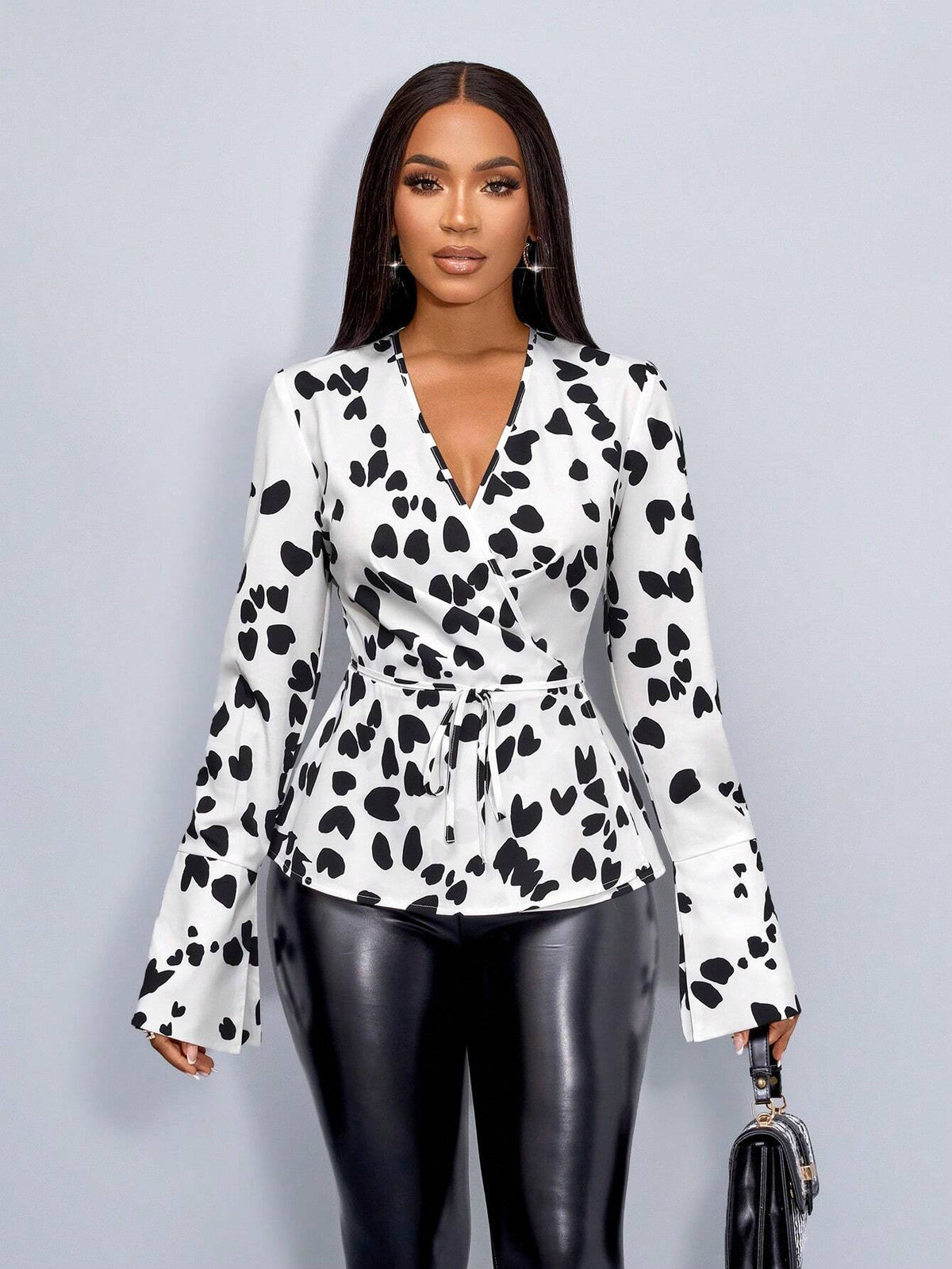 Lady Women's Fashionable Elegant V-Neck Graphic Print Crossed Waist Long Sleeve Blouse