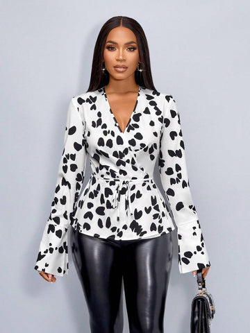 Lady Women's Fashionable Elegant V-Neck Graphic Print Crossed Waist Long Sleeve Blouse