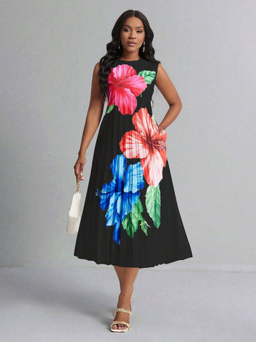 Women's Floral Print Sleeveless Holiday Style Dress