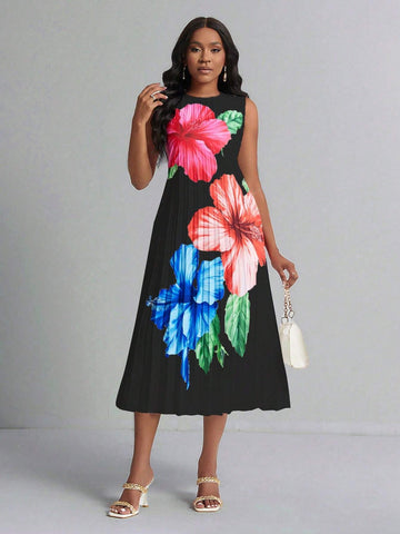 Women's Floral Print Sleeveless Holiday Style Dress