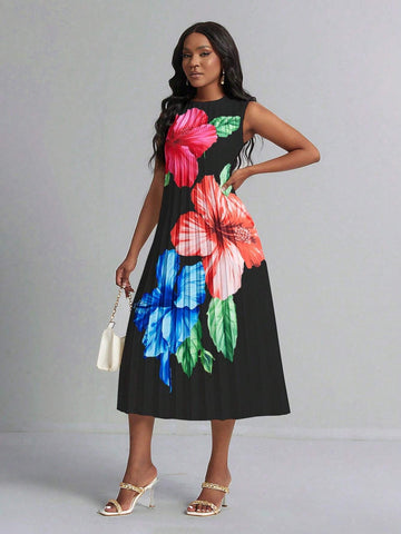 Women's Floral Print Sleeveless Holiday Style Dress