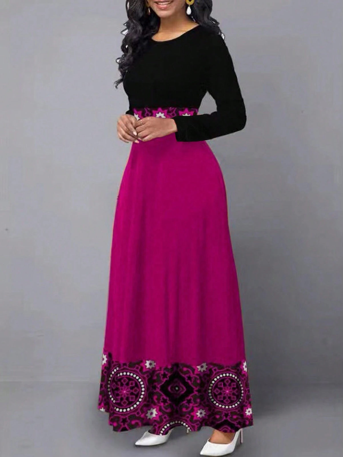 Women's Floral Printed Round Neck Long Sleeve Dress