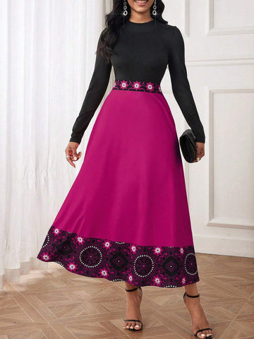 Women's Floral Printed Round Neck Long Sleeve Dress