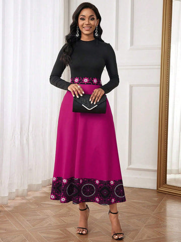 Women's Floral Printed Round Neck Long Sleeve Dress