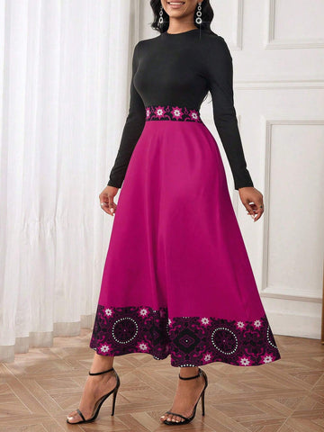 Women's Floral Printed Round Neck Long Sleeve Dress