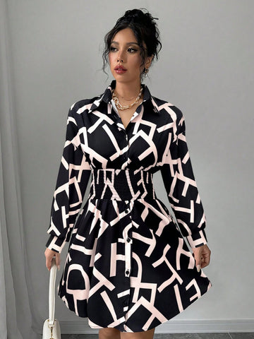 Women's Full Allover Print Long Sleeve Shirred Mini Dress (Random Cut Flowers)