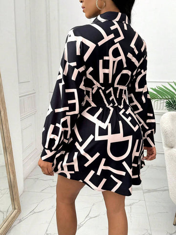 Women's Full Allover Print Long Sleeve Shirred Mini Dress (Random Cut Flowers)