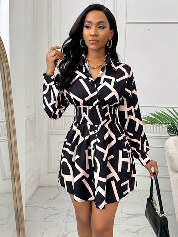 Women's Full Allover Print Long Sleeve Shirred Mini Dress (Random Cut Flowers)