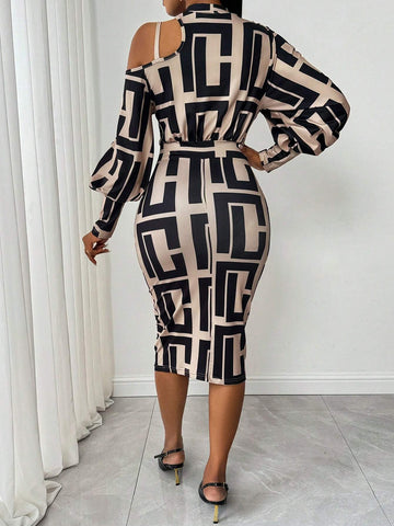 Women's Geometric Print Hollow Collar Elegant Long Sleeve Short Dress