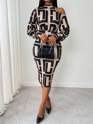 Women's Geometric Print Hollow Collar Elegant Long Sleeve Short Dress