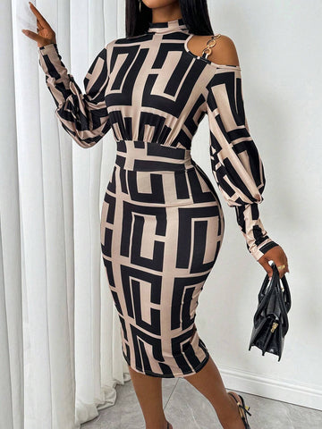 Women's Geometric Print Hollow Collar Elegant Long Sleeve Short Dress