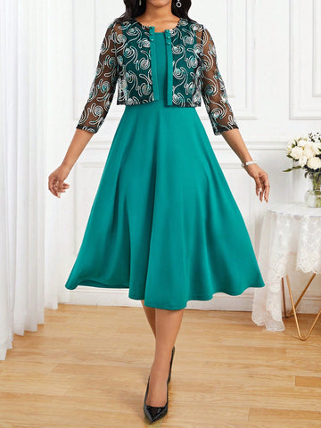 Women's Monochrome Dress And Sheer Jacket Two-piece Set