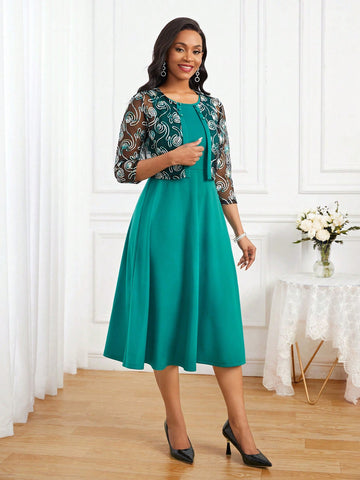 Women's Monochrome Dress And Sheer Jacket Two-piece Set