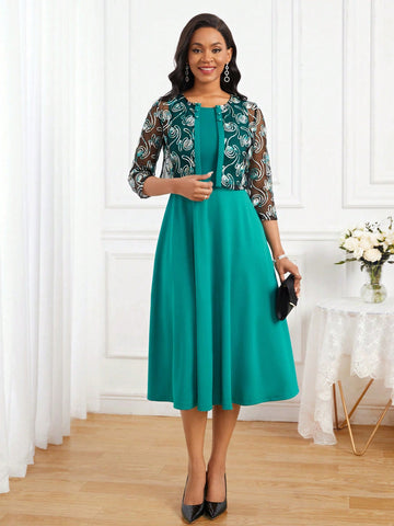 Women's Monochrome Dress And Sheer Jacket Two-piece Set