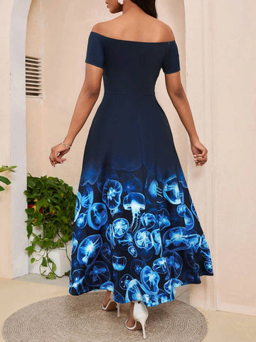 Women's Off-Shoulder Short Sleeve Jellyfish Printed Dress With Pockets