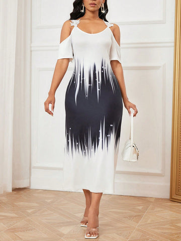 Women's Off Shoulder Short Sleeve Color Block Elegant Dress