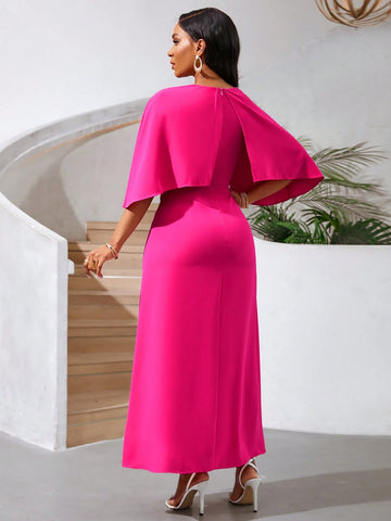 Women's Party Long Dress Loose Fit Solid Color Elegant Fashion V-Neck Dress With 3/4 Sleeves And Side Slit, Regular Fit, Long Length