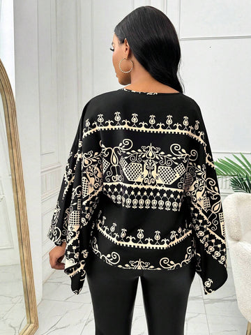 Lady Women's Round Neck Full Allover Print Long Sleeve Dress (Random Floral Cut)