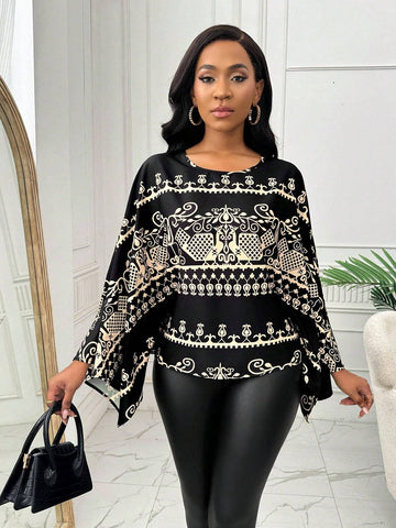 Lady Women's Round Neck Full Allover Print Long Sleeve Dress (Random Floral Cut)