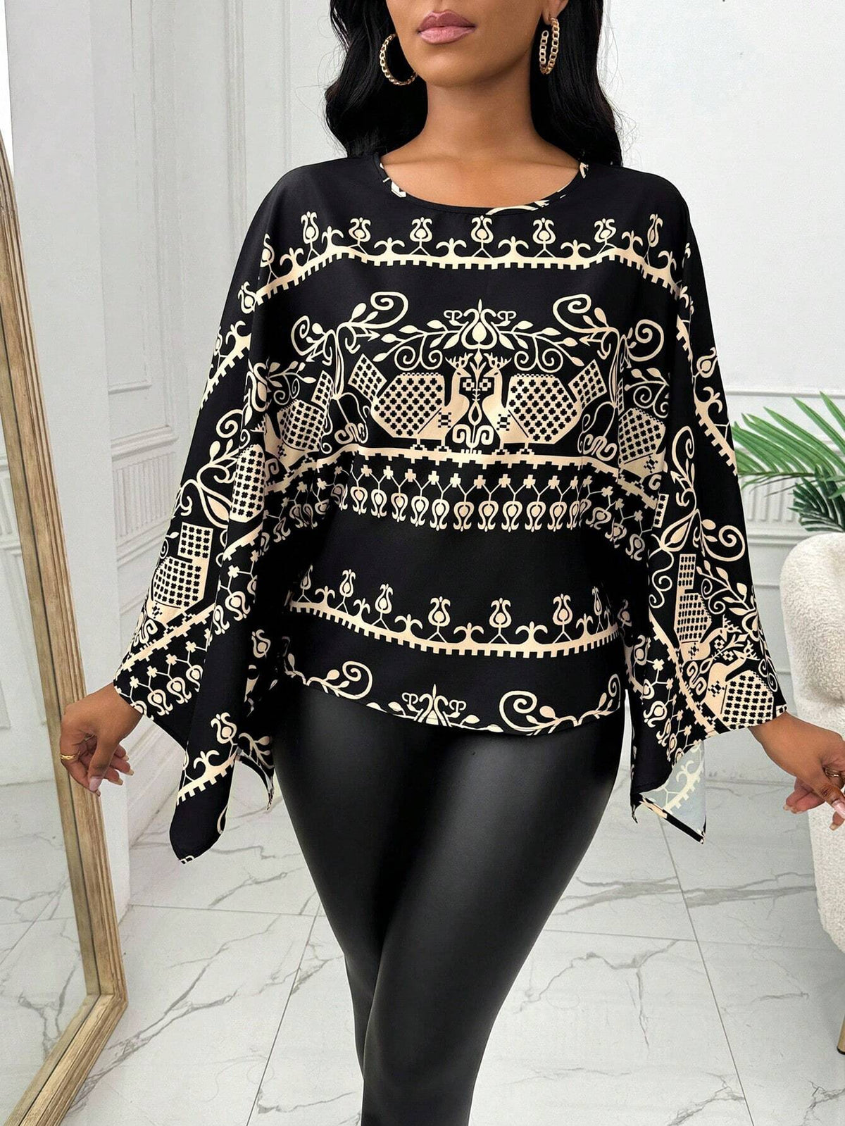 Lady Women's Round Neck Full Allover Print Long Sleeve Dress (Random Floral Cut)