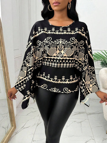 Lady Women's Round Neck Full Allover Print Long Sleeve Dress (Random Floral Cut)