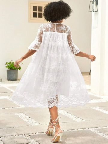 Women's Round Neck Mesh Patchwork Semi-Transparent Cute Style Dress For Summer
