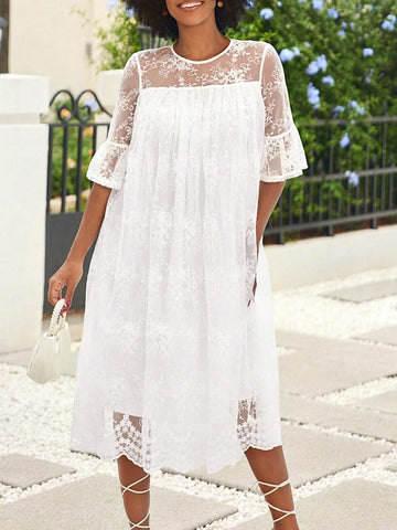 Women's Round Neck Mesh Patchwork Semi-Transparent Cute Style Dress For Summer