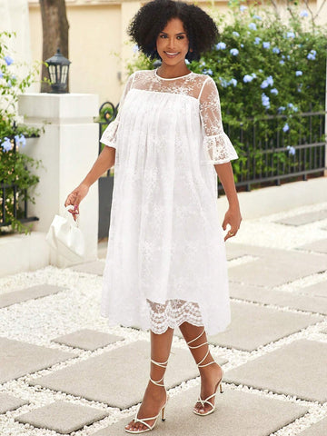 Women's Round Neck Mesh Patchwork Semi-Transparent Cute Style Dress For Summer