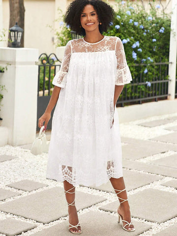 Women's Round Neck Mesh Patchwork Semi-Transparent Cute Style Dress For Summer