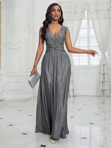 Women's Shiny Crossed Waist Sleeveless Dress