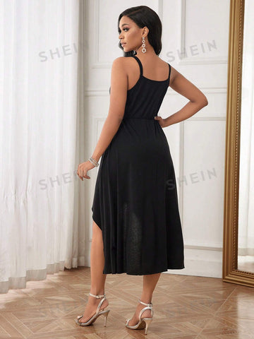 Women's Sleeveless Glitter Sequin Patchwork High-Low Hem Dress