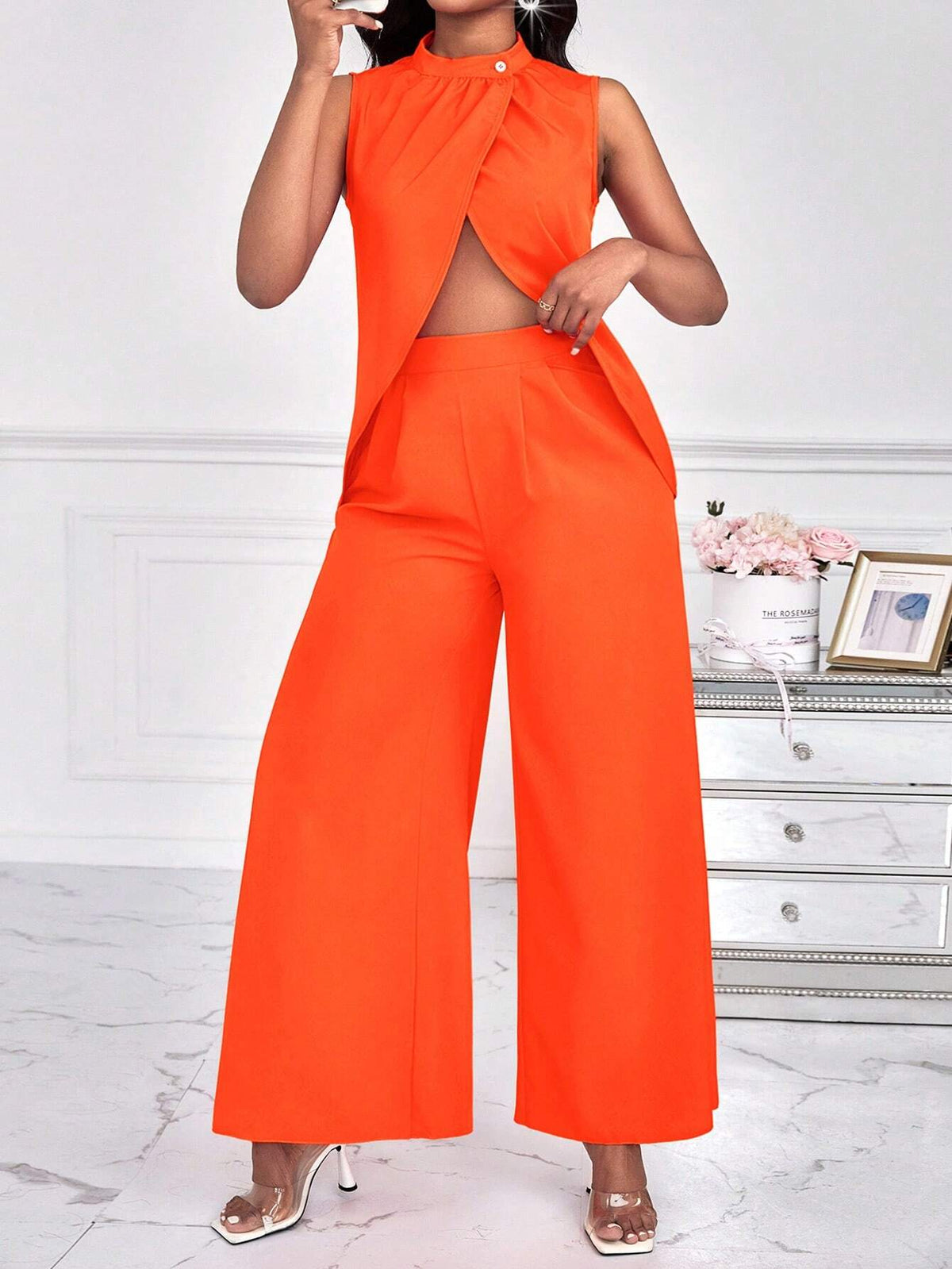 Women's Sleeveless Irregular Hem Split Blouse And Wide-Leg Pants Set