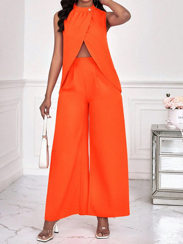 Women's Sleeveless Irregular Hem Split Blouse And Wide-Leg Pants Set