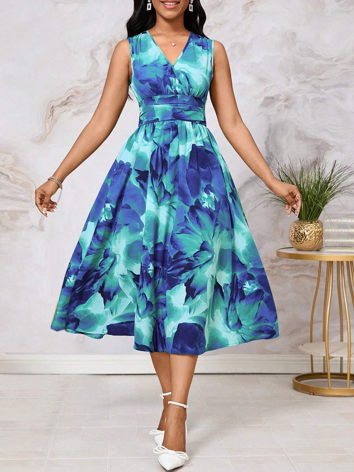 Women's Sleeveless Midi Dress With Tie-Dye Gradient Abstract Print, Summer