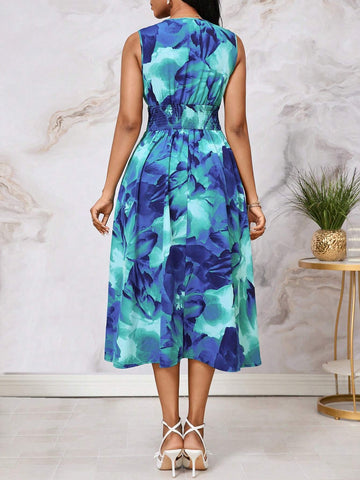 Women's Sleeveless Midi Dress With Tie-Dye Gradient Abstract Print, Summer