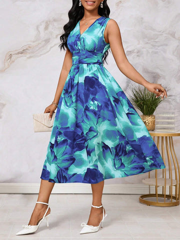 Women's Sleeveless Midi Dress With Tie-Dye Gradient Abstract Print, Summer