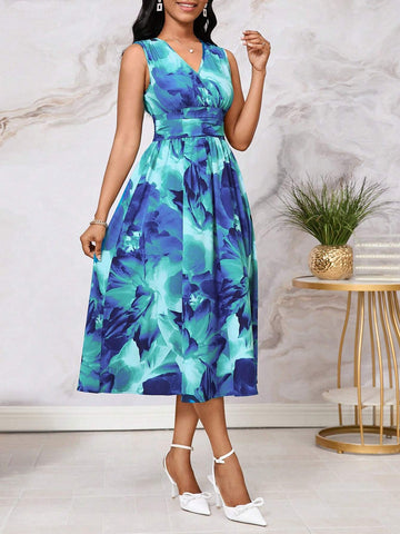 Women's Sleeveless Midi Dress With Tie-Dye Gradient Abstract Print, Summer