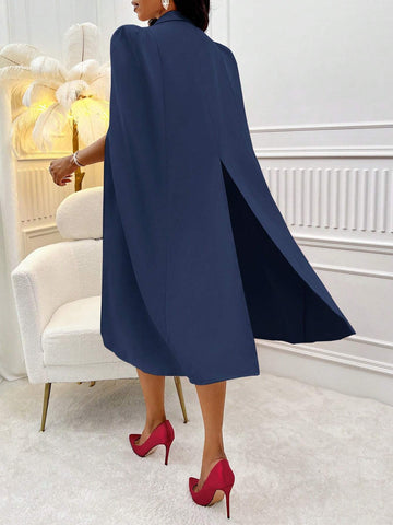 Women's Solid Color Cape Sleeve Lapel Neck Single-Breasted Elegant Dress, Spring & Autumn