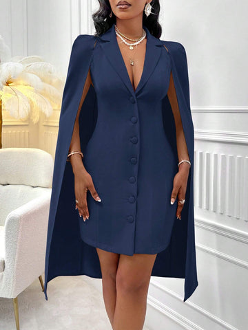 Women's Solid Color Cape Sleeve Lapel Neck Single-Breasted Elegant Dress, Spring & Autumn