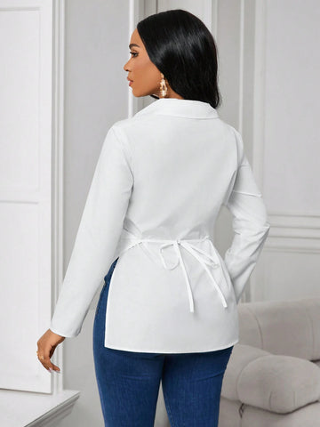 Women's Solid Color Front Button Wrap Elegant Long Sleeve Shirt