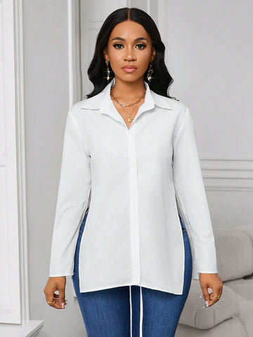 Women's Solid Color Front Button Wrap Elegant Long Sleeve Shirt