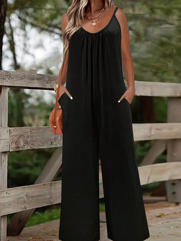 Women's Solid Color Spaghetti Strap Wide Leg Jumpsuit For Vacation And Leisure