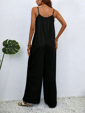 Women's Solid Color Spaghetti Strap Wide Leg Jumpsuit For Vacation And Leisure