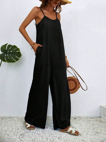 Women's Solid Color Spaghetti Strap Wide Leg Jumpsuit For Vacation And Leisure