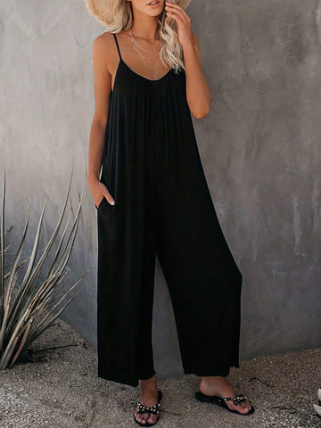 Women's Solid Color Spaghetti Strap Wide Leg Jumpsuit For Vacation And Leisure