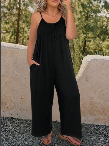 Women's Solid Color Spaghetti Strap Wide Leg Jumpsuit For Vacation And Leisure